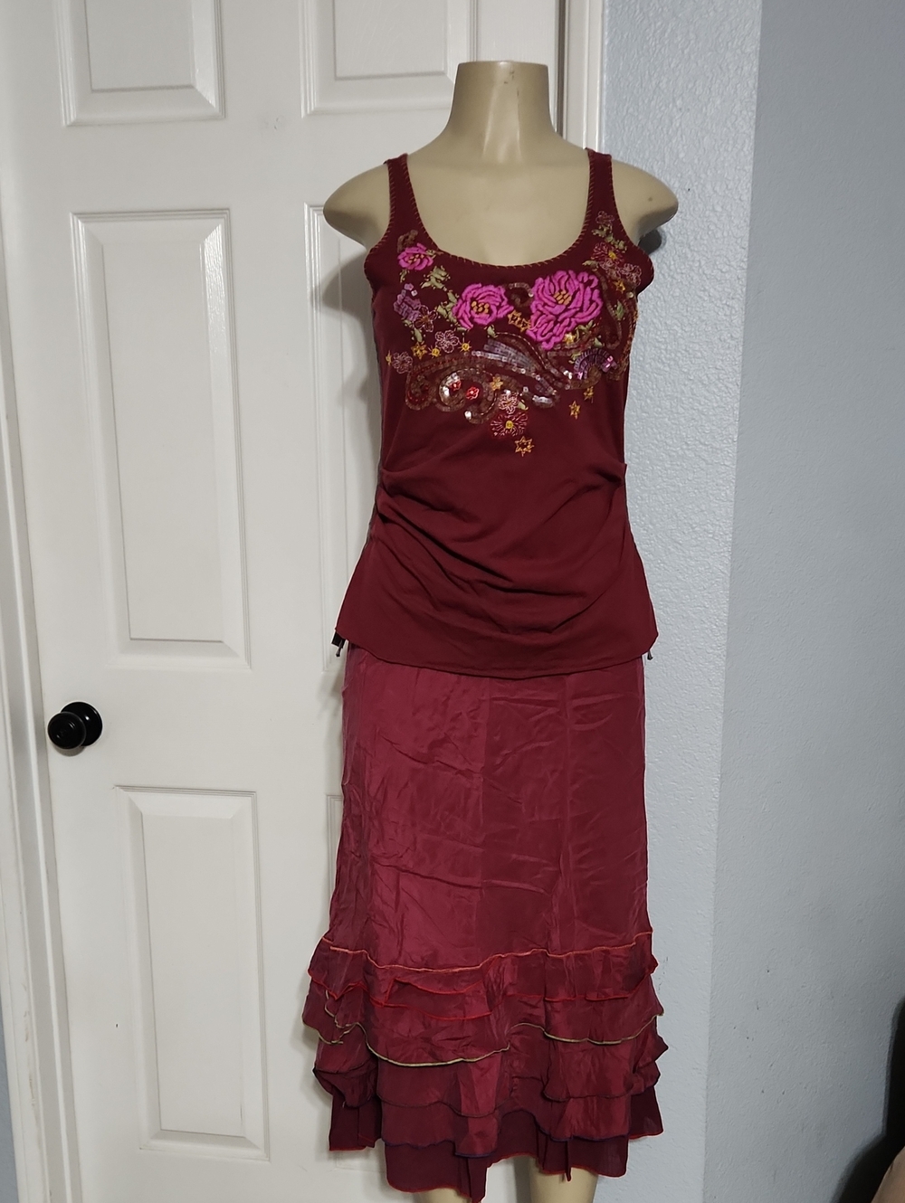 Embroidered Burgundy Floral Maxi Skirt - Women's Tiered Ruffle
